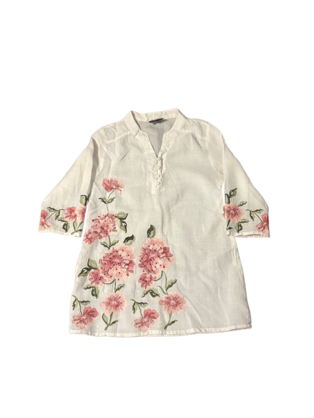 Gulagi White Pink Embroidered Boho Tunic Top Women